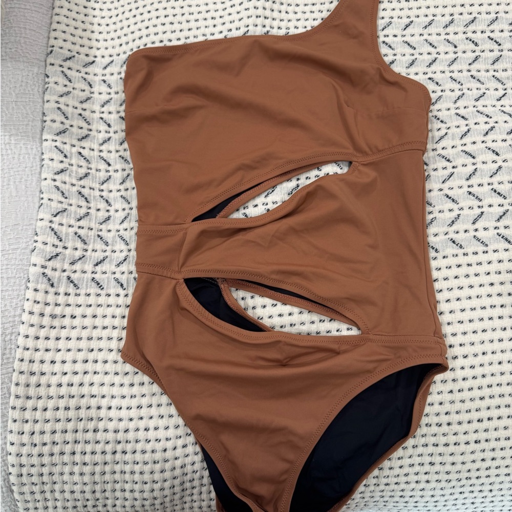 SOLID & STRIPED Brown One-Shoulder Swimsuit
